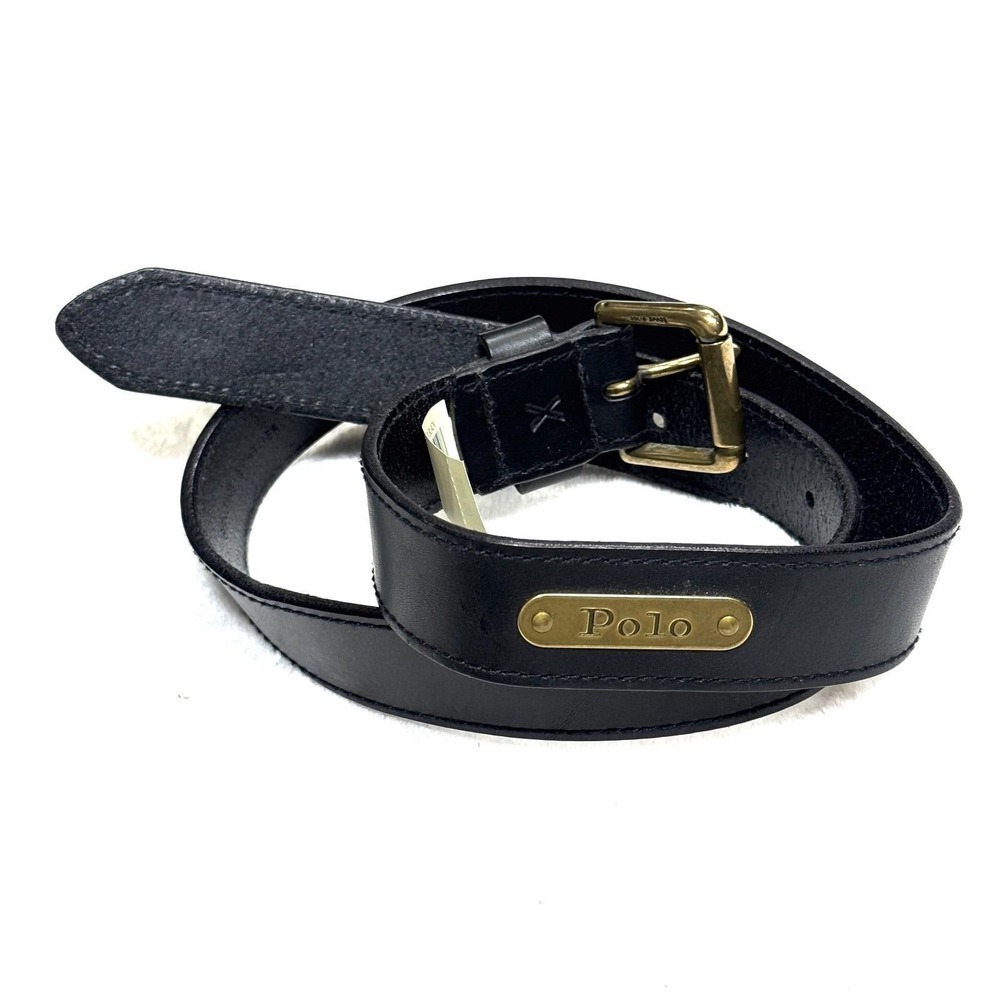 VTG Polo Ralph Lauren Belt Size 32 Black Genuine Leather Adjustable Brass Buckle